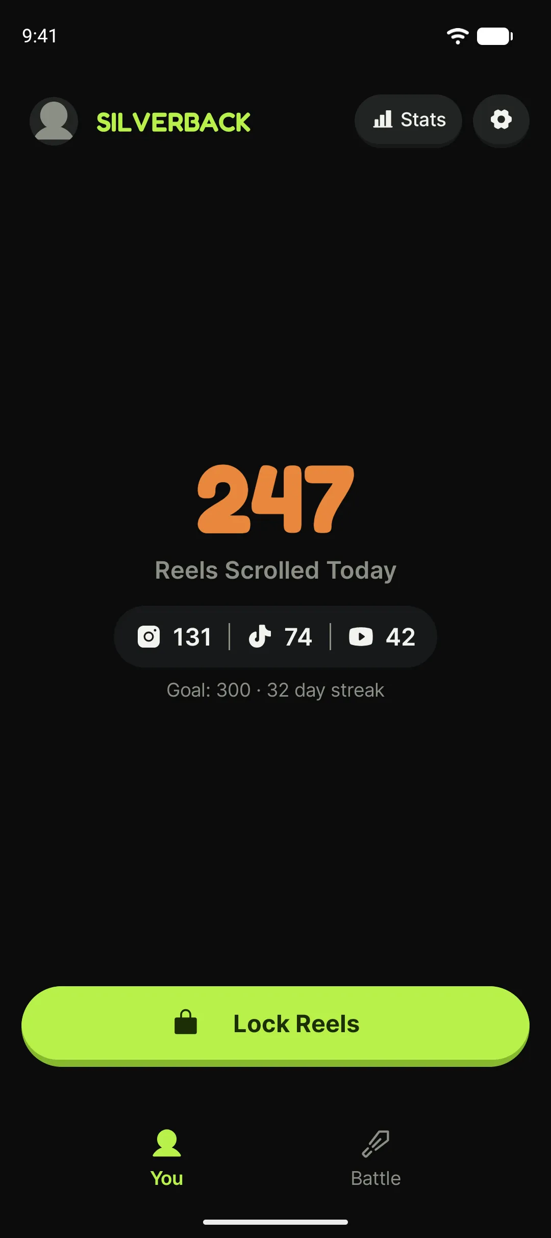 Silverback home screen: today’s Reels count, daily goal and streak.