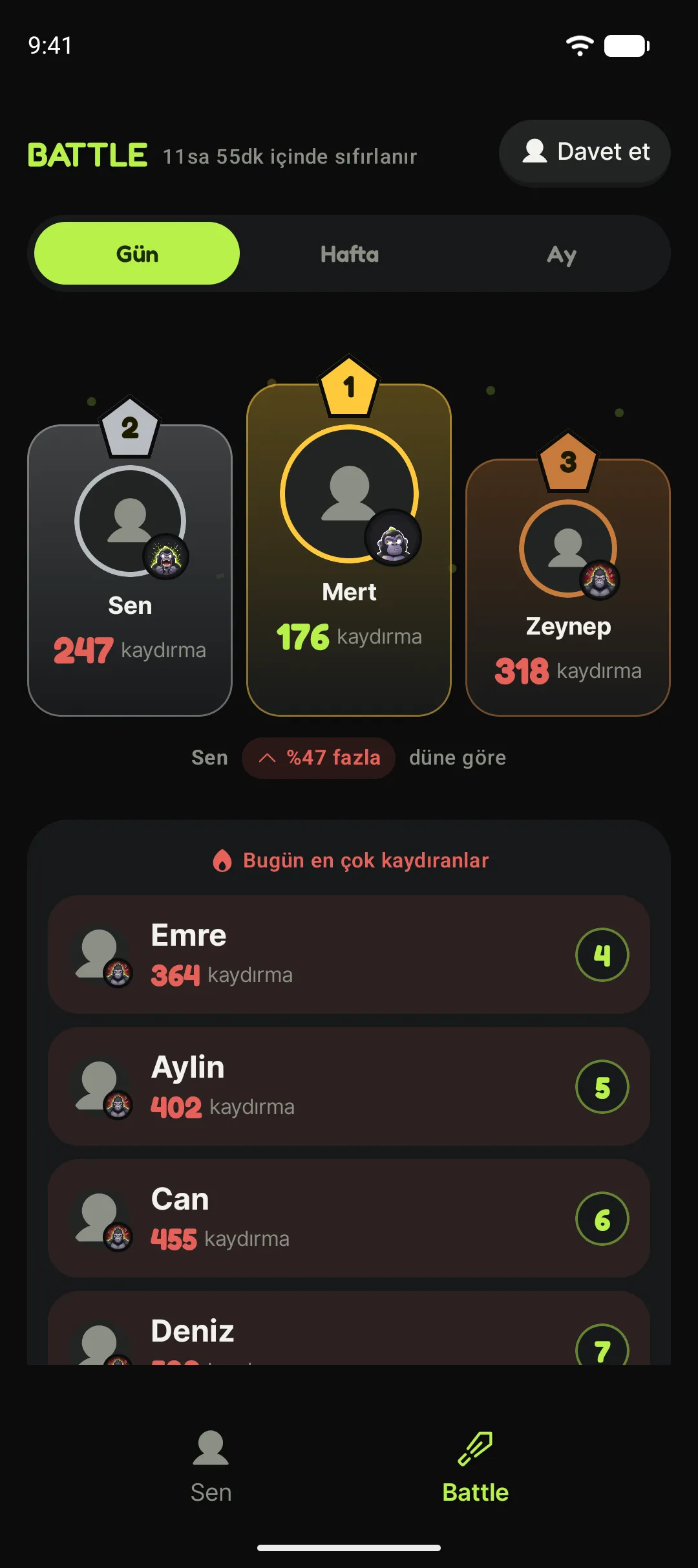Battle sıralaması: arkadaşlar arasında en az kaydıran en üstte.