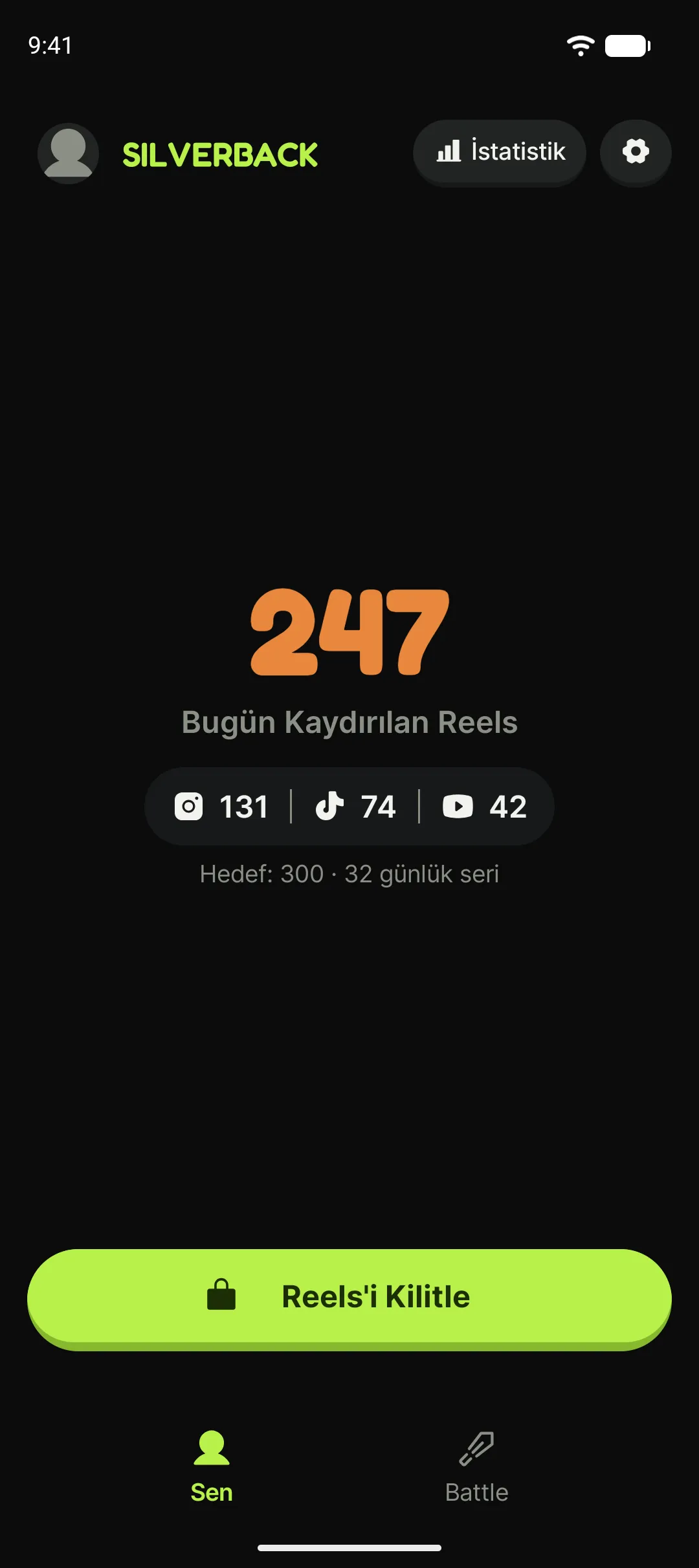 Silverback ana ekranı: bugünkü Reels sayacı, günlük hedef ve seri.